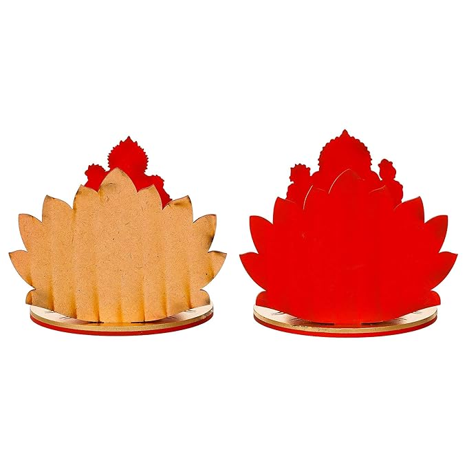 Ecraftindia Set of 2 Mdf Wooden Goddess Lakshmi and Lord Ganesha Sitting on Lotus Flower Decorative Showpieces