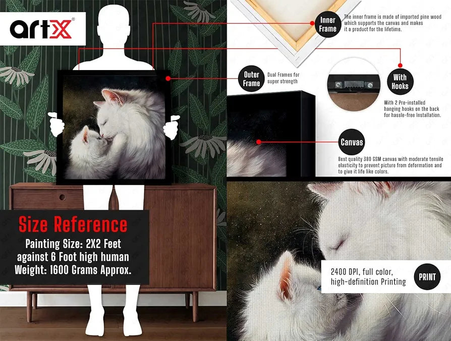 ArtX Mom Cat Family Big Canvas Painting For Bedroom and Living Room With Frame