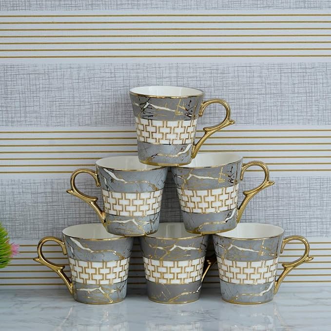 Femora Indian Ceramic Grey Gold Line Tea Cup | 6 Pieces | 155 Ml