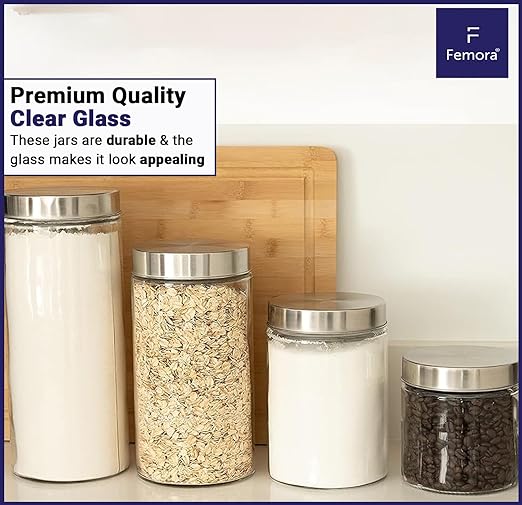 Femora Kitchen Storage Jars Borosilicate Glass With Steel Lid Air Tight Kitchen Jar and Container | 750 Ml | Pack of 1