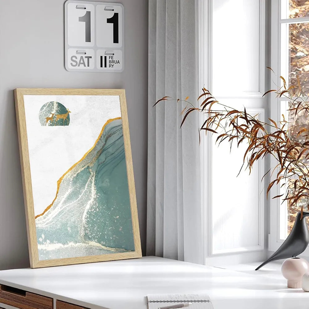 ArtX Paper Golden Deer Paintings with Frame Set of 3