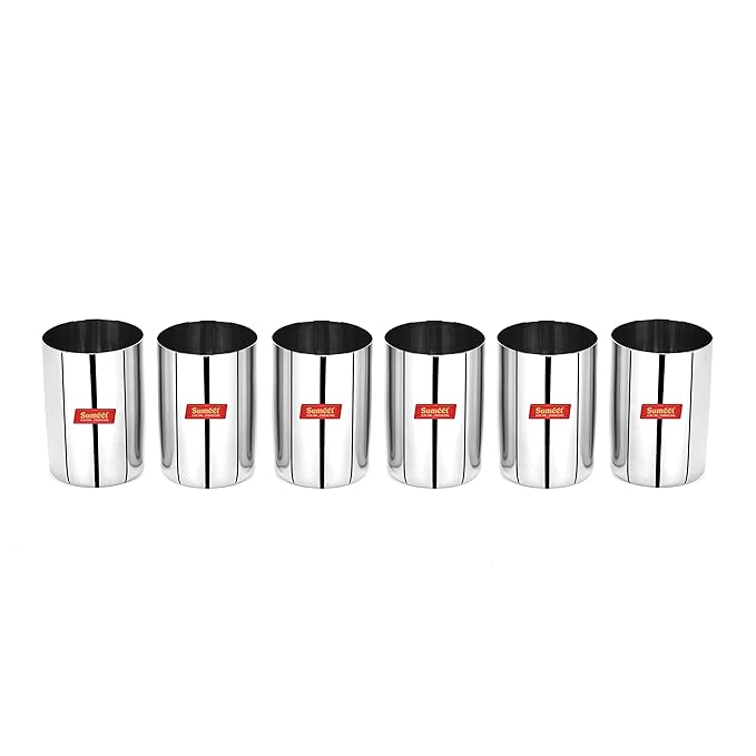 Sumeet Stainless Steel Mirror Finish Circle Shape Heavy Gauge Glass set of 6 Pcs 6.5cm
