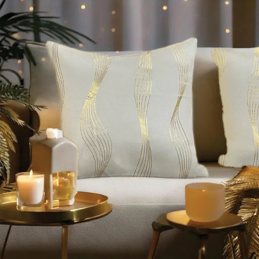 Urban Space Decorative Gold Foil Cushion Cover Set of 2 Cushion Covers for Sofa, Bedroom, Living Room Double Wave Beige