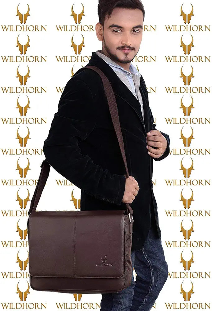WildHorn Leather 13 inch Laptop Messenger Bag for Men I Padded Laptop Compartment I Adjustable Strap I Dimension: L- 14inch H- 10.5 inch W- 3.5inch