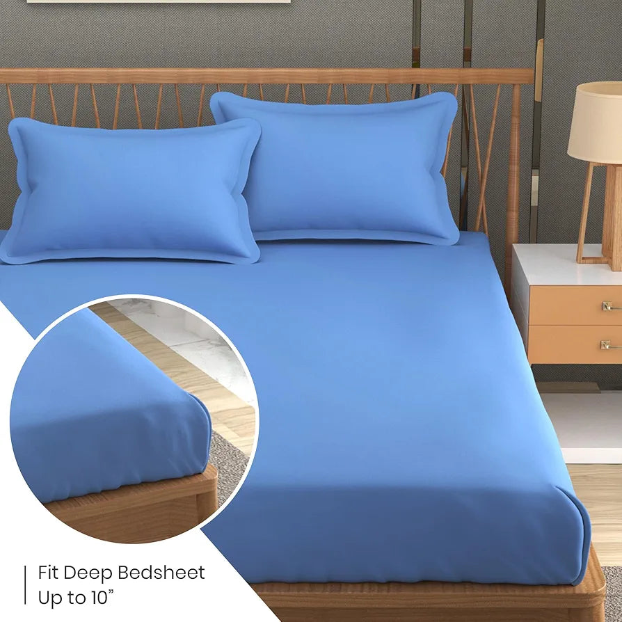Fresh From Loom 144 TC Plain King Size Microfiber Bed Sheet Set Printed with 2 Pillow Covers Skyblue Plain
