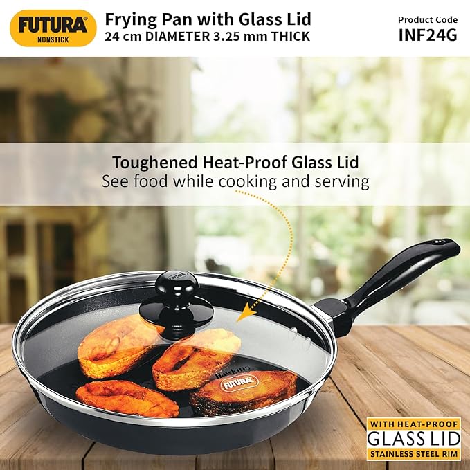 Hawkins Futura 26 cm Frying Pan Nonstick Fry Pan with Glass Lid Pan Black
