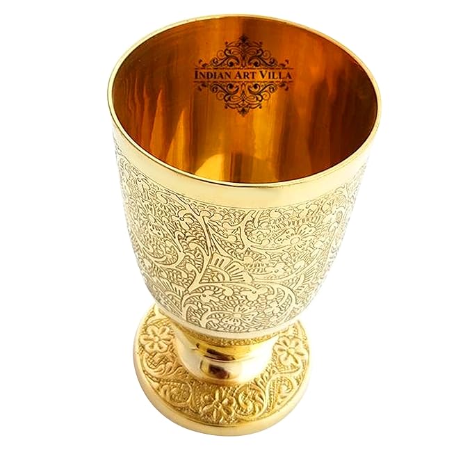 Indian Art Villa Pure Brass Glass Tumbler With Goblet Design - 350 gms (Pack of 2)
