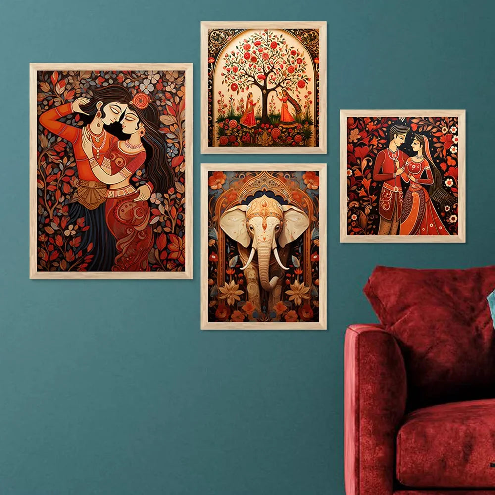 Kotart Traditional Indian Inspired Madhubani Art Paintings with Frame Set of 4 Frames A