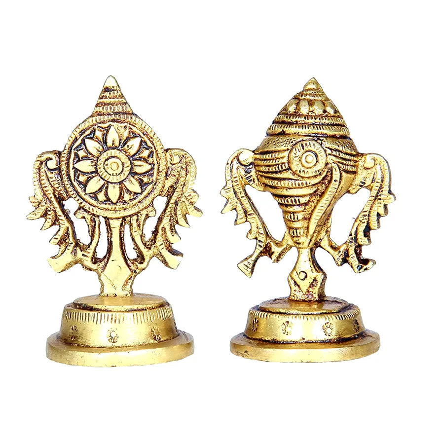 Anciently Brass Small Shankh Chakra Set | Small Sangu Chakram Set 5.8cm Height, Gold Colour - 1 Set