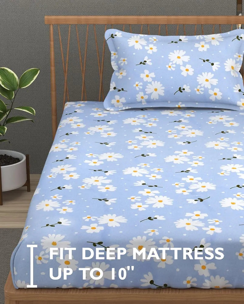 Fresh From Loom Soft Microfiber Floral Print Single Bed Bedsheet 240 TC 1 Pillow Covers Casper-Blue