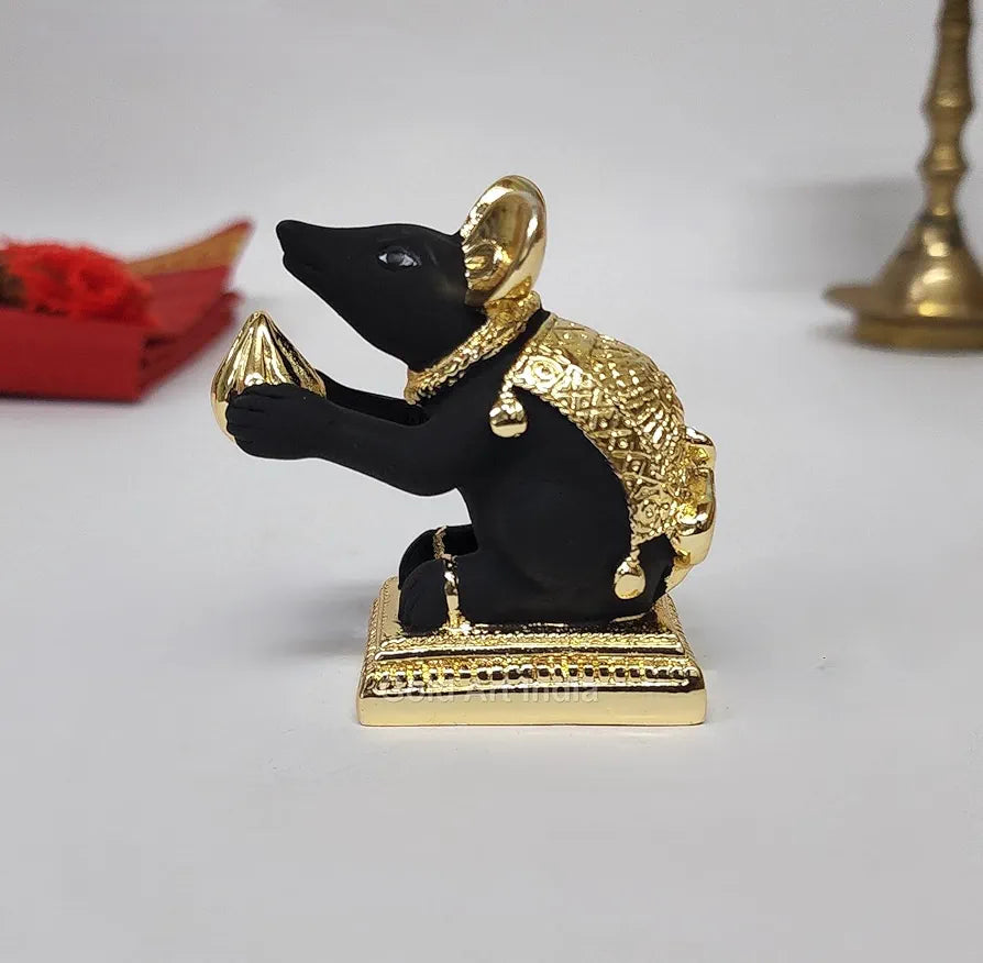 Gold Art India Gold-Plated Mushak  Mouse with Modak Black Terracotta Finish