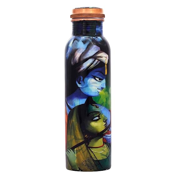 Indian Art Villa Pure Copper Water Bottle with Radhe Krishna Printed Design