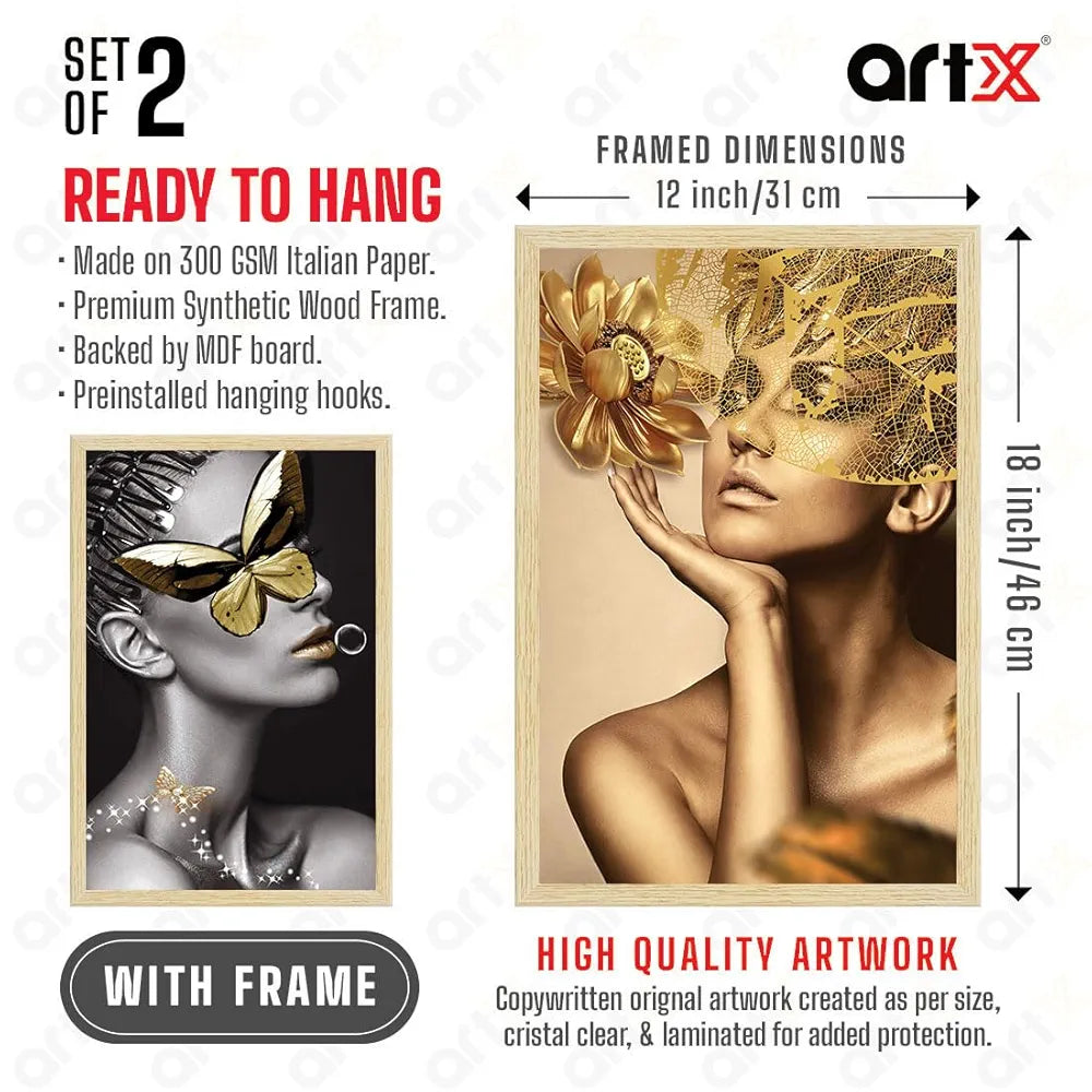 ArtX Paper Women Aesthetic Wall Decor Paintings with Frame AXII-20-GRL Set Of 2