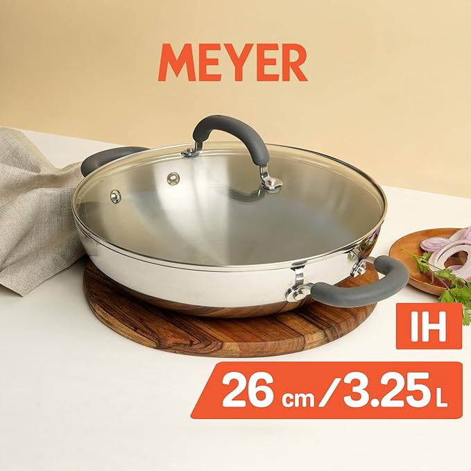 Meyer Trivantage Nickel Free Stainless Steel Triply Kadai with Steel Lid 26cm Silver