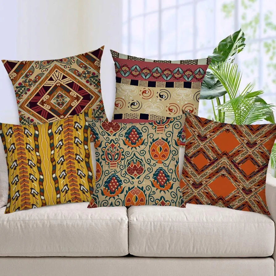 Aerohaven Jute 150TC Folk Art & Tribal Print Pillow Covers Vibrant Set of 5 for Home Decor