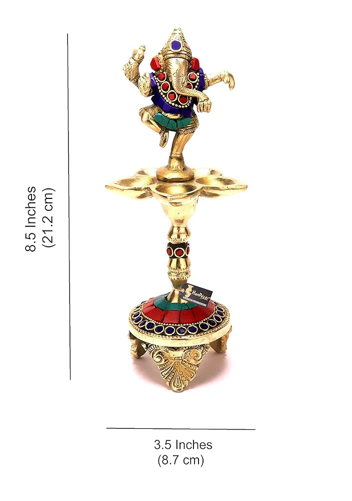 Two Moustaches Gemstone Work Dancing Ganesha Over Ethnic Legs Five Oil Wick Brass Diya