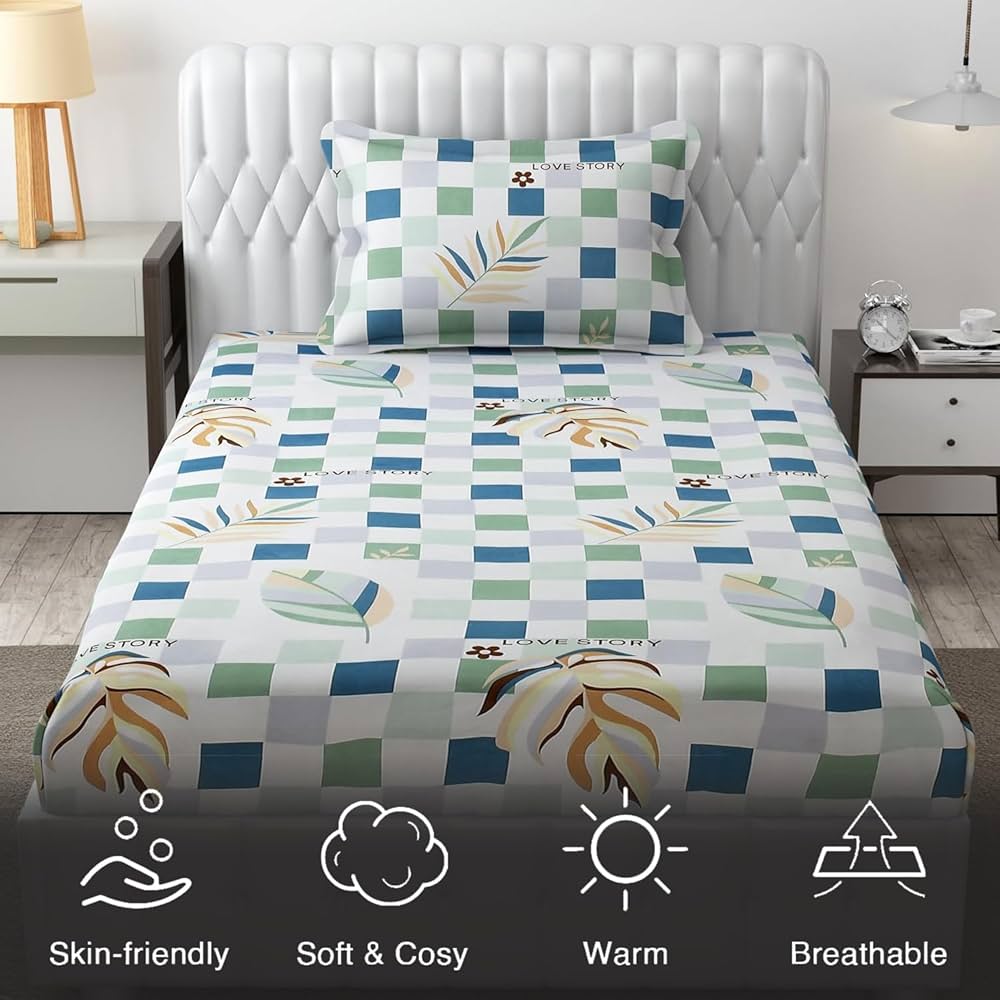 Fresh From Loom Microfiber Single Bedsheet for Single Bed Wrinkle Free Floral Design Bed Spread 1 Pillow Covers 144 TC Light Green White