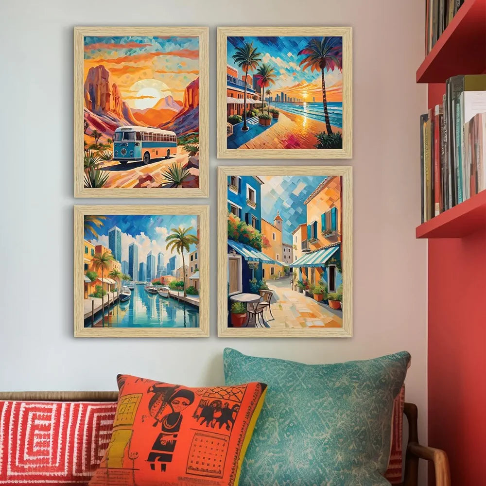 ArtX City Sunrise Paintings with Frame Abstract Multicolor Set of 4