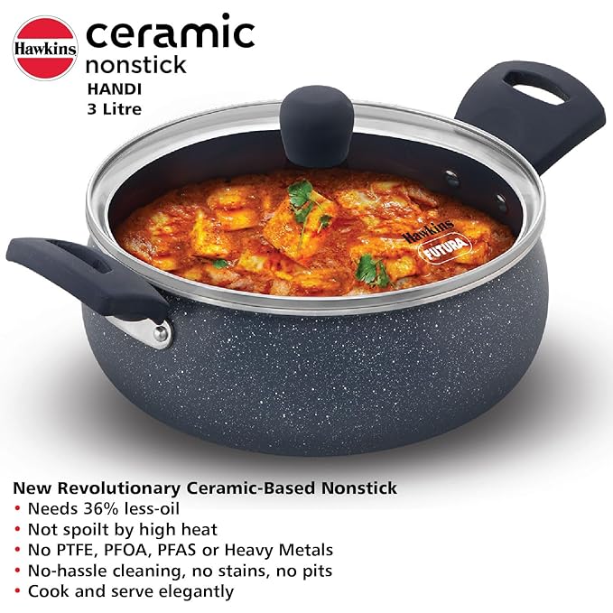 Hawkins Ceramic Nonstick Handi with Glass Lid 3 litre Induction Granite Casserole