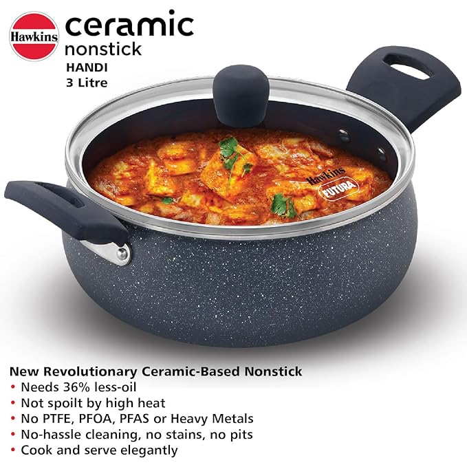 Hawkins Ceramic Nonstick Handi with Glass Lid 3 litre, Induction Biryani Pot