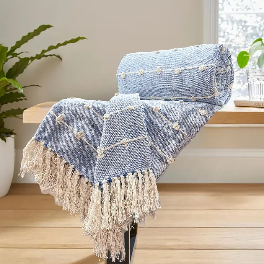 Sajavat Home Hand Knitted Pure Cotton 3 Seater Sofa Throw Colour Blue