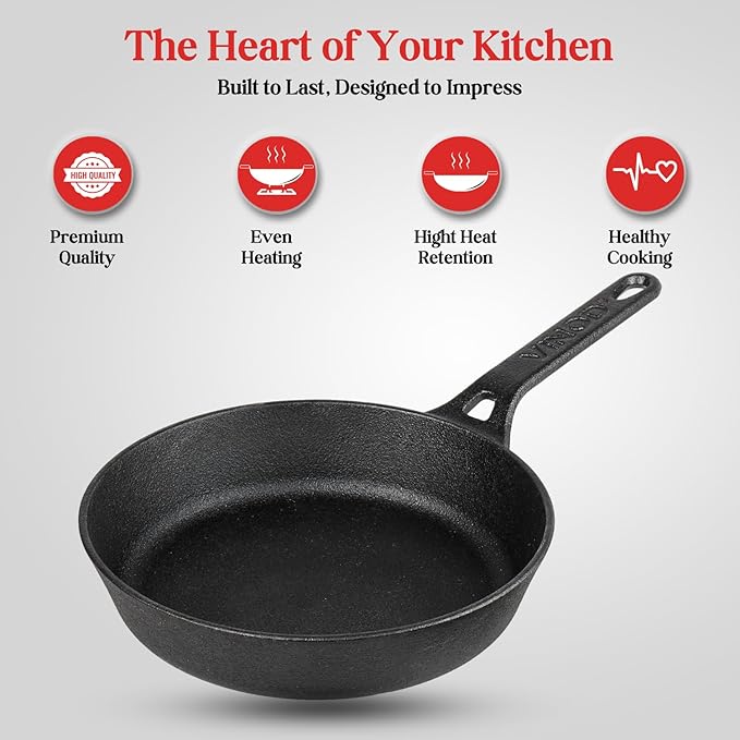 Vinod Legacy Pre Seasoned Cast Iron/Loha Frypan - 22 cm | Naturally Non Stick Skillet Pan for Frying