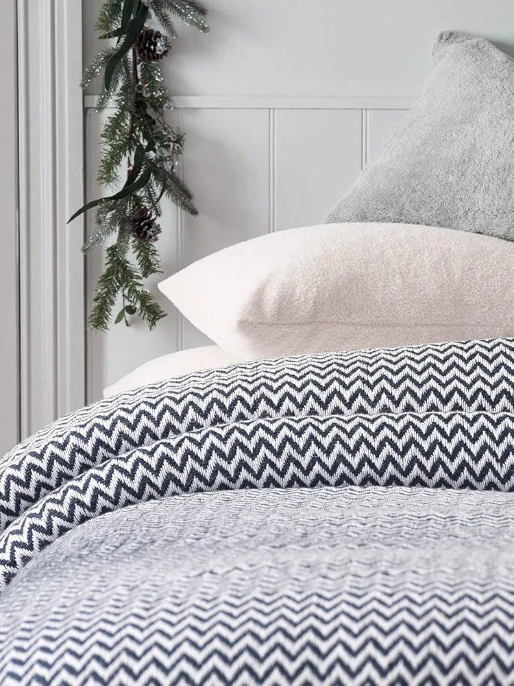 Chevron Throw Blanket Handwoven with Fringes Colour Navy
