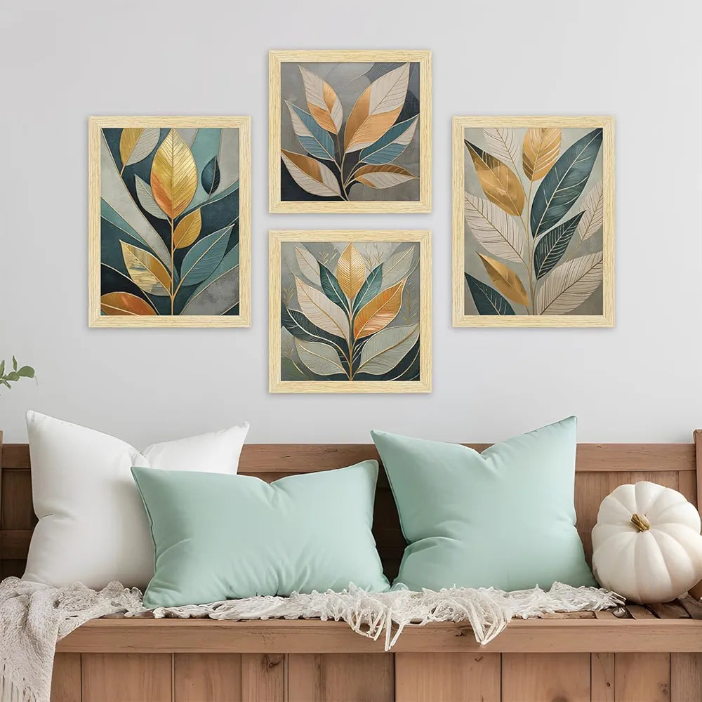 ArtX Paper Golden Leaves Botanical Art Paintings With Frame Set of 4