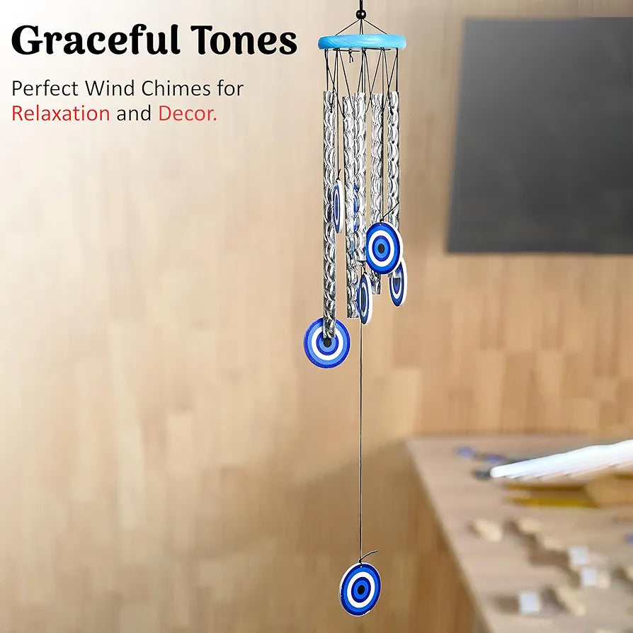 Evil Eye Wind Chimes for Living Room and Bedroom Silver 5-Pipe Wind Chime -013