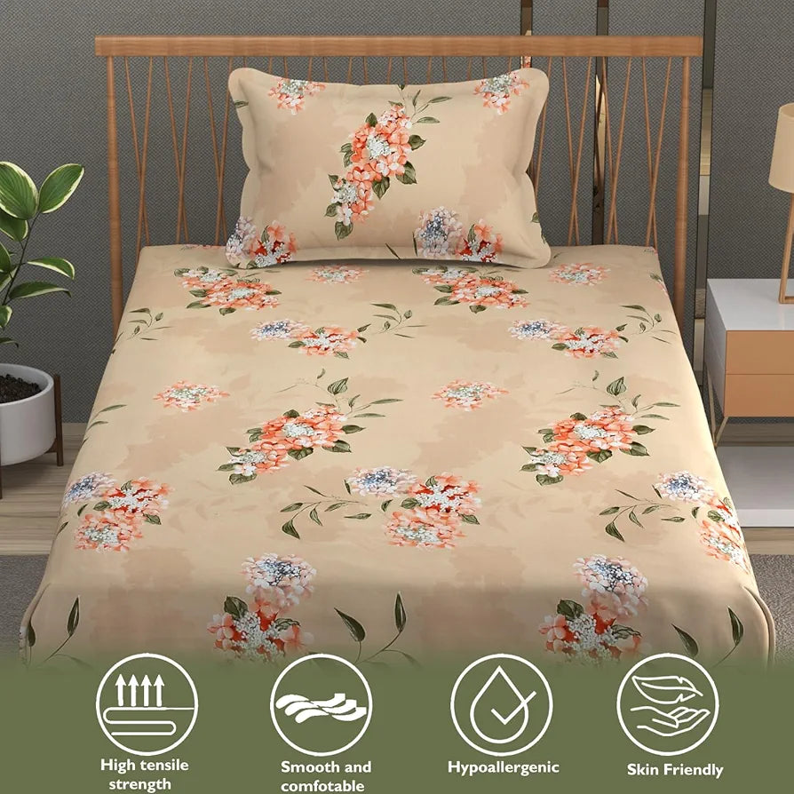 Fresh From Loom Hypoallergenic Floral Print Single Bed Bedsheet with 1 Pillow Covers 240 TC Beige-Floral