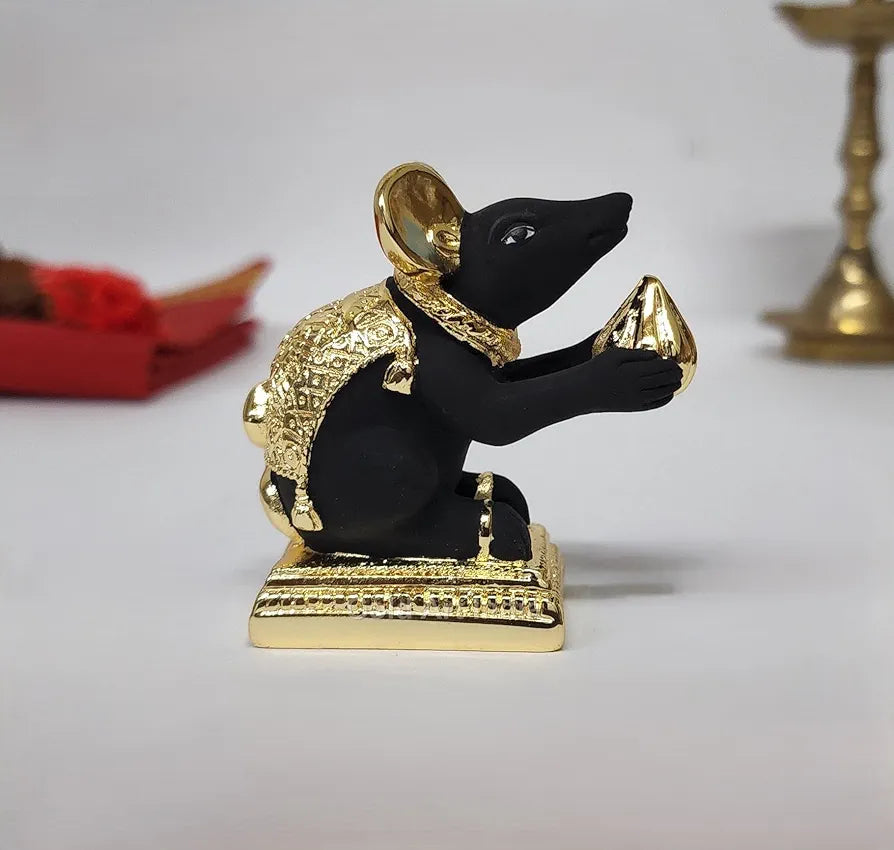 Gold Art India Gold-Plated Mushak  Mouse with Modak Black Terracotta Finish