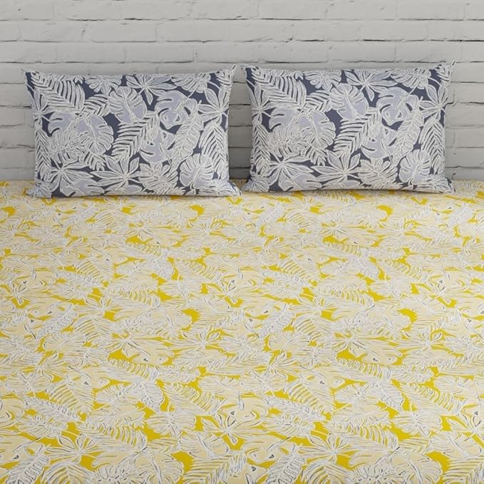 Huesland by Ahmedabad Cotton 144 TC King Size Bedsheet Cotton with 2 Pillow Covers | Yellow, Grey & White
