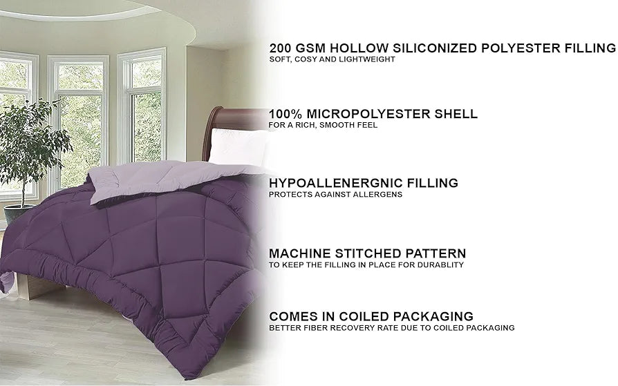 Cloth Fusion Reversible AC Comforter Set Double Bed Soft Microfibre King Size Quilt Blanket for Winter Plum & Lilac