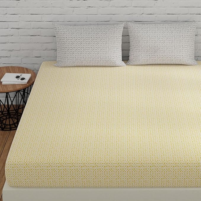 Huesland by Ahmedabad Cotton 144 TC King Size Bedsheet Cotton with 2 Pillow Covers | Yellow & Grey
