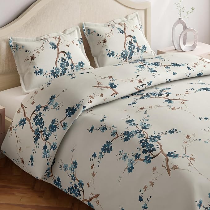 Haus & kinder Cotton Queen Size Bedsheet for Double Bed (90 X 100 Inches) with 2 Pillow Covers | 186 TC Bed Sheet Double Bed Floral Grace (Blue)