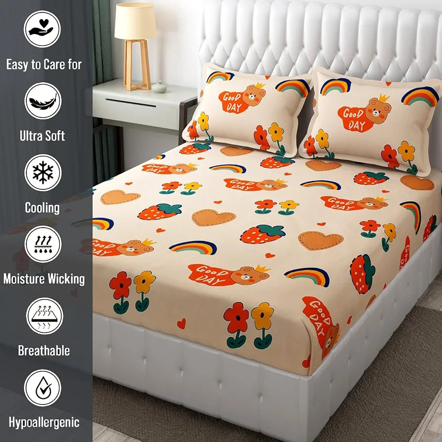 Fresh From Loom Cartoon Wrinkle Free Glace Cotton Bedsheet For Kids With 2 Pillow Cover 144 Tc Multicolor Pale