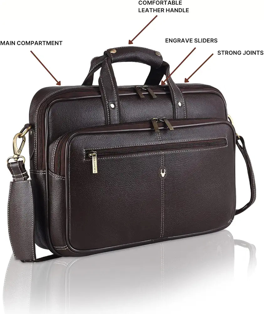 WildHorn Leather 15 inch Laptop Bag for Men I Padded Laptop Compartment I Carry Handles with Adjustable Strap