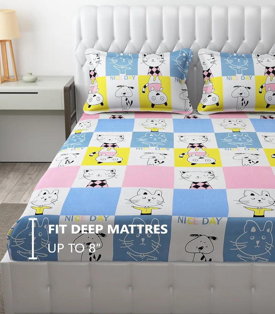 Fresh From Loom Hypoallergenic Glace Cotton Kids Elastic Fitted Bedsheet Rotary Printed Wrinkle Free With 2 Pillow Covers Aqua Pink 300 TC