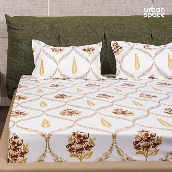 Urban Space Serene Bedsheet for Double Bed 2 Pillow Covers (Colour Floral Moroccan Brown)