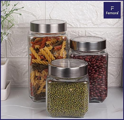 Femora Kitchen Storage Jars Borosilicate Glass With Steel Lid Air Tight Jar | 1000 Ml | Pack of 2