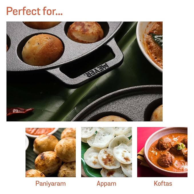 Meyer Pre Seasoned Cast Iron 12 Cavity Appam Patra 2 Side Handle 26cm (Black)