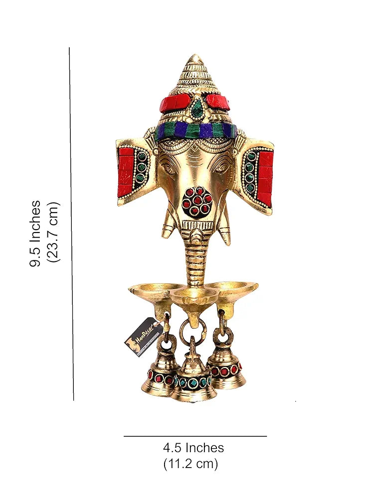 Two Moustaches Gemstone Work Brass Ganesha Wall Hanging Diya with Bells for Home Decor