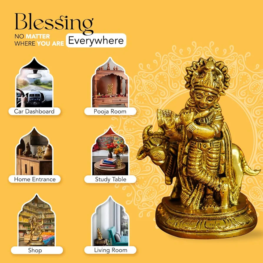 Ekhasa Pure Brass Lord Krishna Idol with Flute Shree Lord Krishna Statue Golden Krishna With Cow