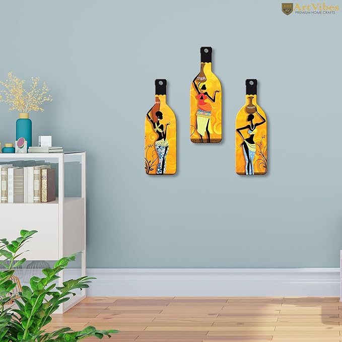 Artvibes African Women Warli Art Wooden Wall Hanging for Home Decor | Set of 3