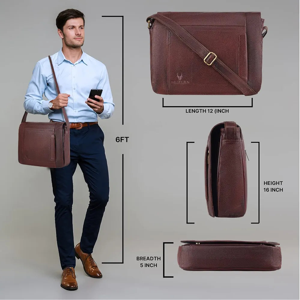 WildHorn Leather Messenger Bag for Men/Office Bag for Men | Fits Upto 15.6 Inch Laptop/MacBook | Laptop Bag/Leather Bag for Men I Dimension : L-16 inch W-3.5 inch H-12 inch