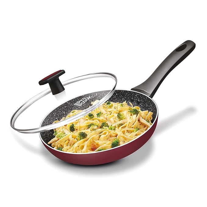 Milton Pro Cook Granito Fry Pan With Glass Lid, 24 Cm Frying Pan Burgundy - 702 gms