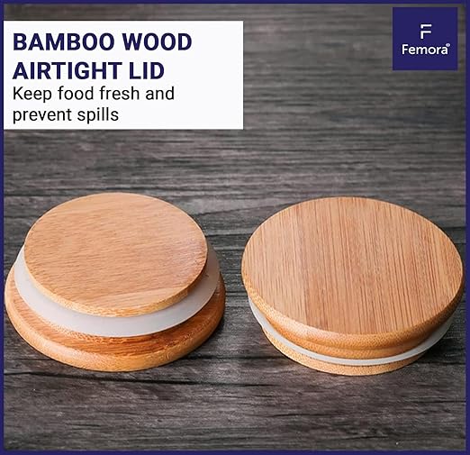 Femora Kitchen Storage Jars Borosilicate Glass Jars for Kitchen With Wooden Lid Air Tight Jar | 900 Ml | Pack of 2