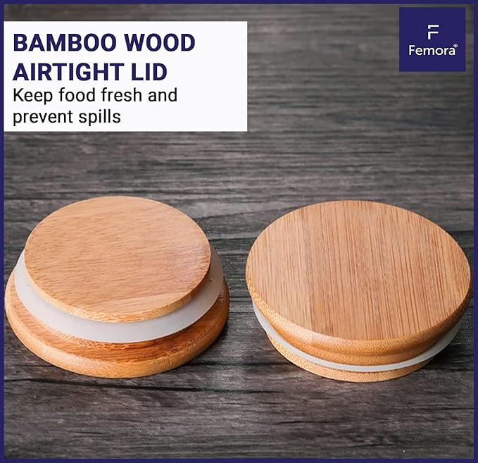 Femora Kitchen Storage Jars Borosilicate Glass Jars for Kitchen With Wooden Lid Air Tight Jar | 550 Ml | Pack of 2