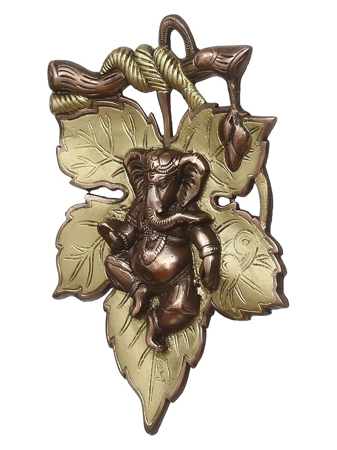 Ecraftindia Golden and Copper Finish Lord Ganesha on Creative Leaf Metal Wall Hanging | Decorative Hindu God Idol for Home