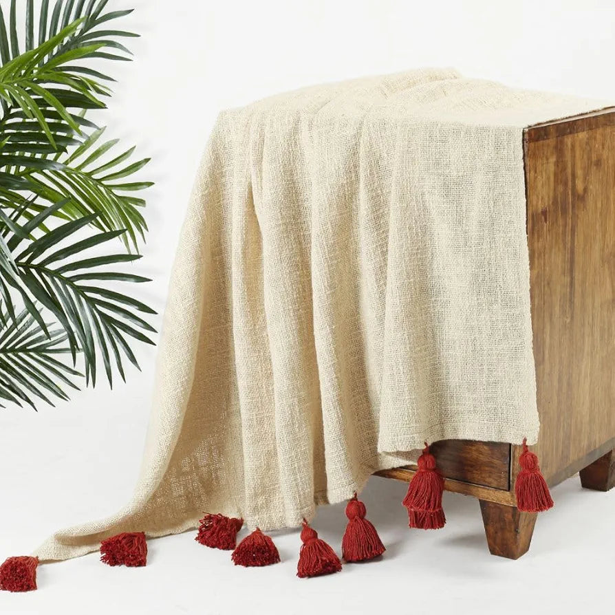 Homadorn 100% Cotton Off White Throw Blanket with Handmade Colorful Tassel Colour Rust